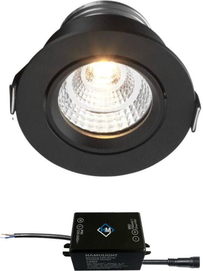 Hamulight Sharp LED inbouwspot Granada zwart 4W rond dimbaar kantelbaar 230V IP54 downlights plafondspots spotjes inbouwspots badkamer woonkamer keuken spotlight warmwit