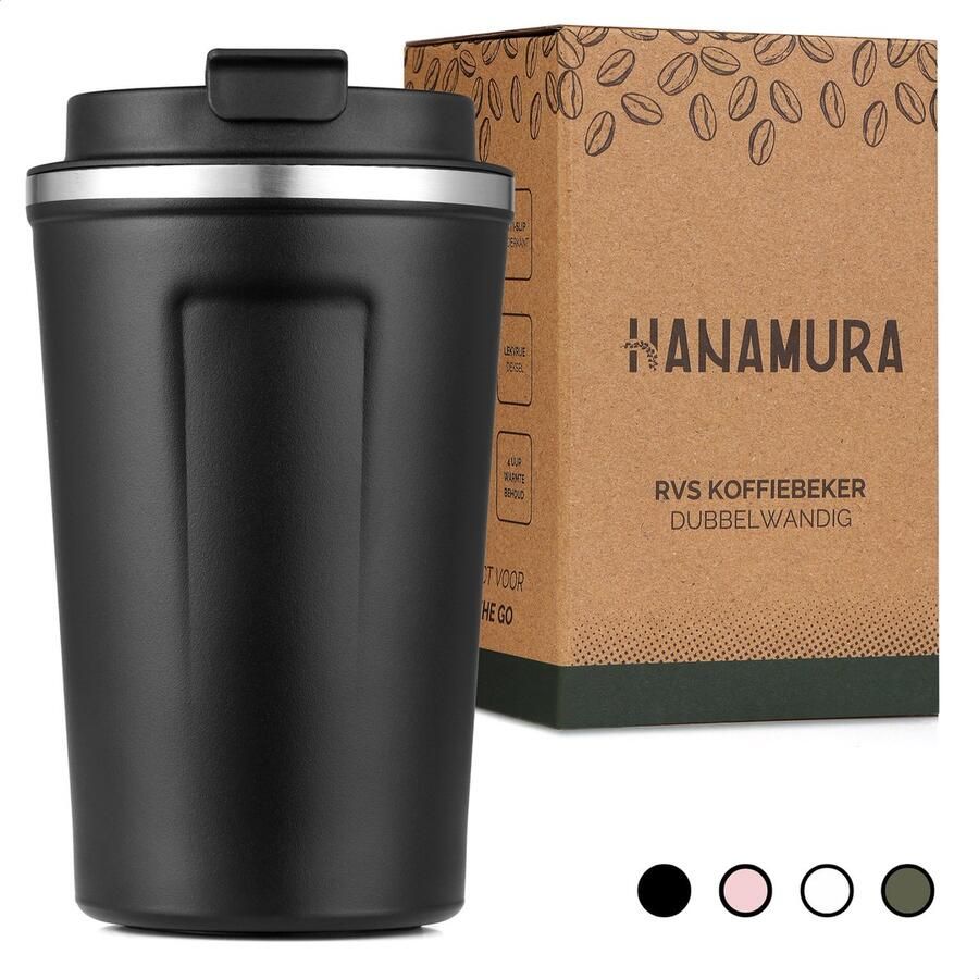 Hanamura Living Koffiebeker to go – Met deksel Koffie beker van RVS – 4 uur lang warme drank – Thermosbeker 380mL – Zwart