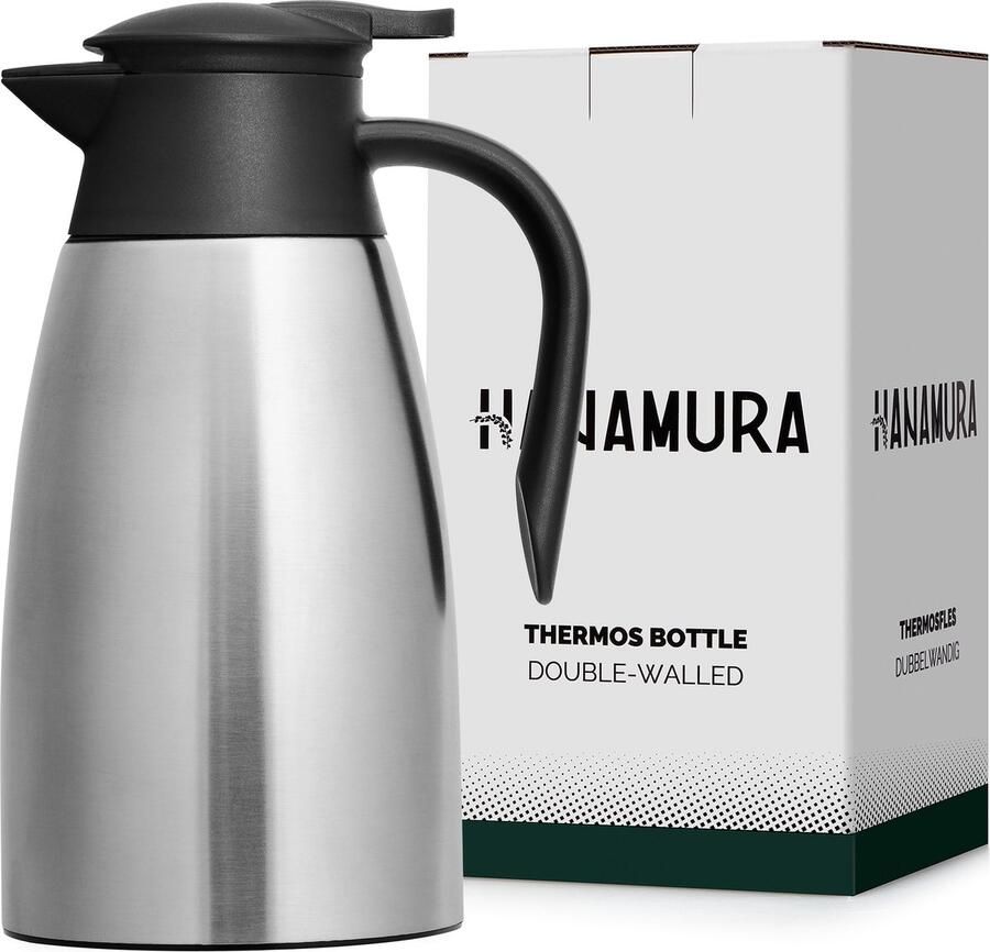 Hanamura Thermoskan Isoleerkan 1 5L Tot 24 uur lang warm of koud Lekvrij & Anti-slip Zilver