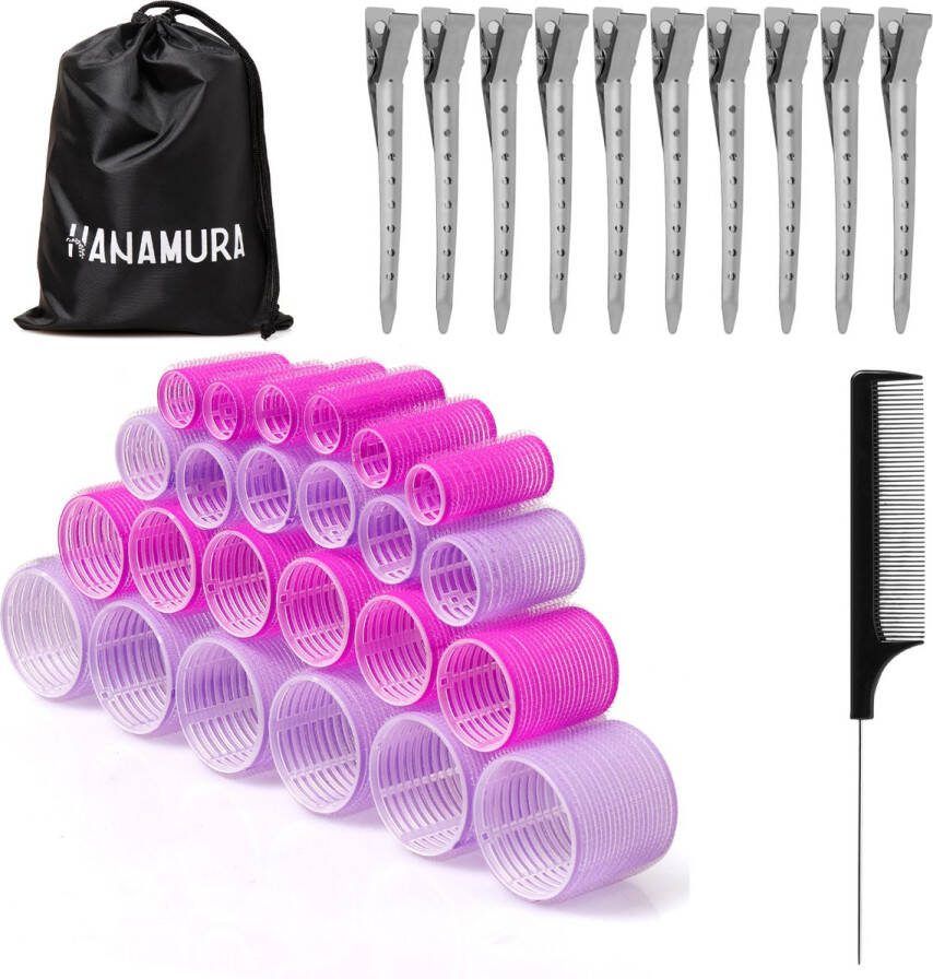 Hanamura Krulspelden – Complete set van haar rollers 34 delig – Met 10 RVS haarklemmen kam & Opbergzak