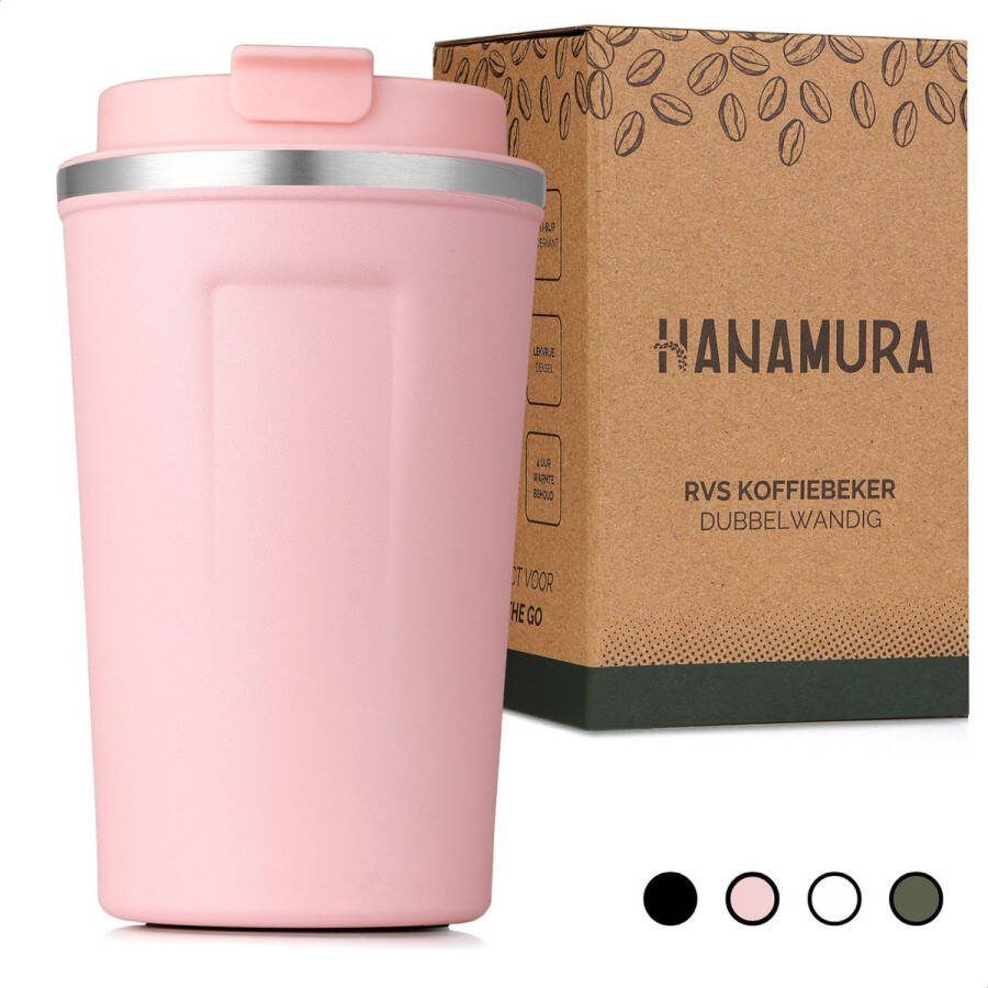 Hanamura Living Koffiebeker to go – Met deksel Koffie beker van RVS – 4 uur lang warme drank – Thermosbeker 380mL – Roze