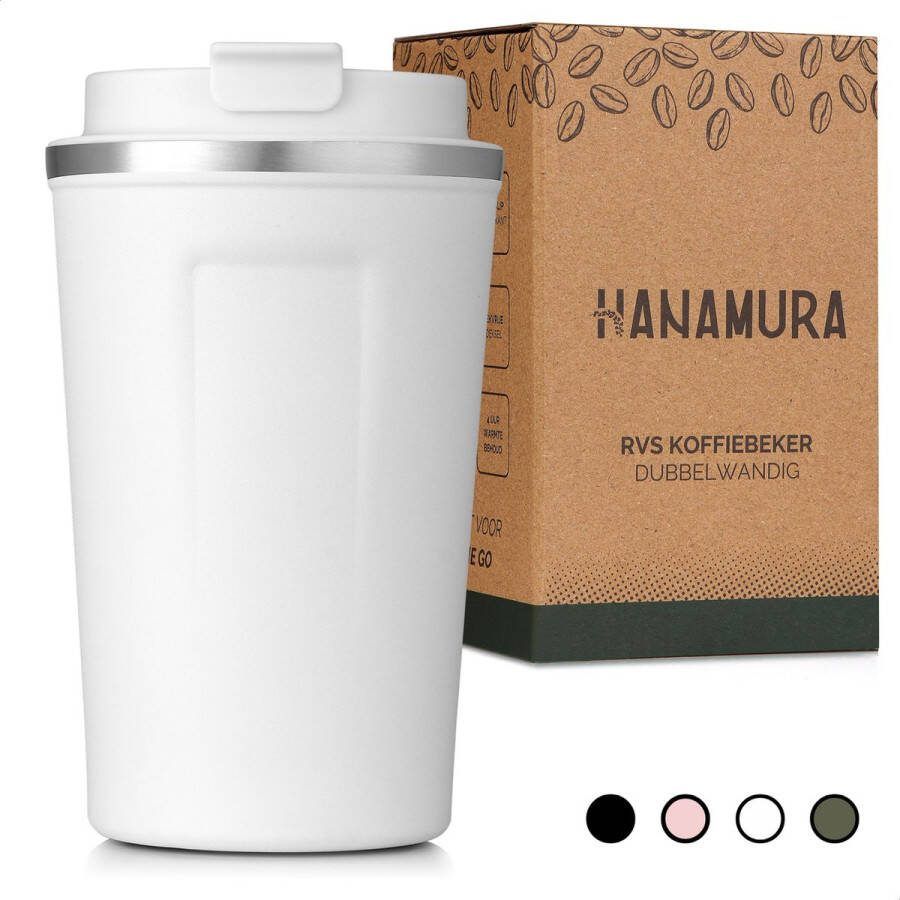 Hanamura Living Koffiebeker to go – Met deksel Koffie beker van RVS – 4 uur lang warme drank – Thermosbeker 380mL – Wit