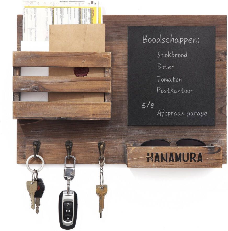 Hanamura Sleutelrekje Hout – Krijtbord en opbergvakken – 43 x 31 cm