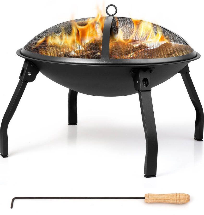 Hanamura Vuurschaal Vuurkorf voor buiten 55 cm diameter Terrashaard met inklapbare poten Barbecue Inclusief deksel opbergzak vuurpook & grilrooster