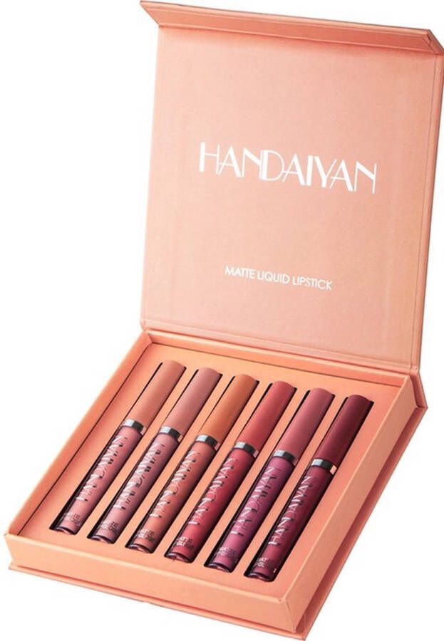 Handaiyan Lippenstift langhoudend Matte lippenstift Set van 6 met gratis make-up spons Vloeibare lippenstif nude