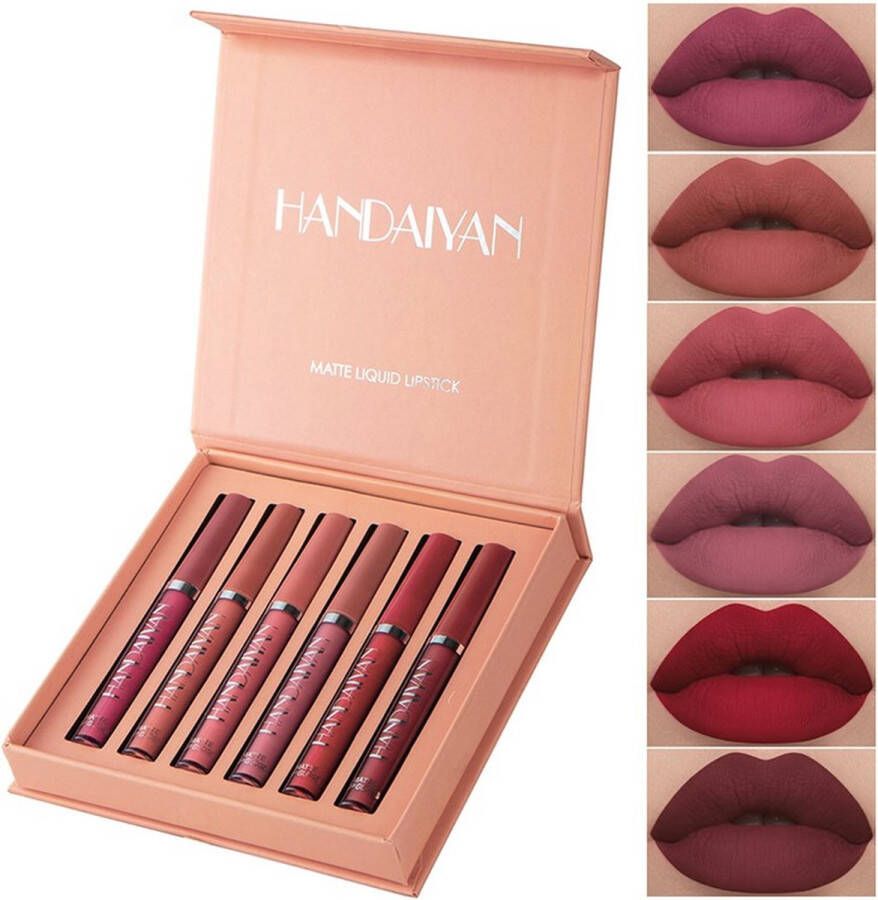 Handaiyan Lippenstift langhoudend Matte lippenstift Set van 6 met gratis make-up spons Vloeibare lippenstif rood
