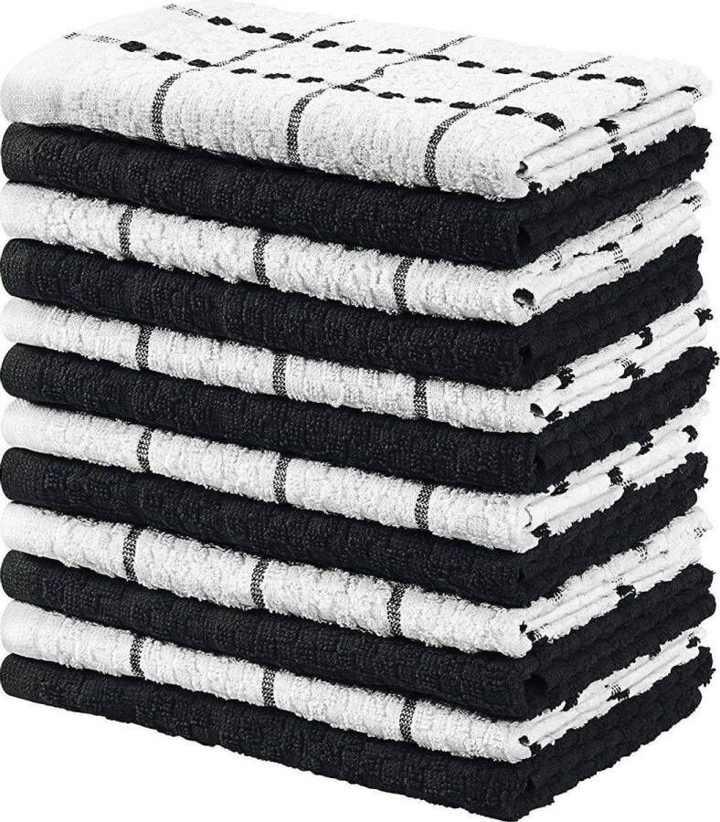 Handdoekset 12 Keuken Handdoeken Set 38 x 64 cm 100% Ring Gesponnen Katoenen Superzacht en Absorberend Schotelantennes Theedoeken en Barkrukken Handdoeken (Zwart en wit)