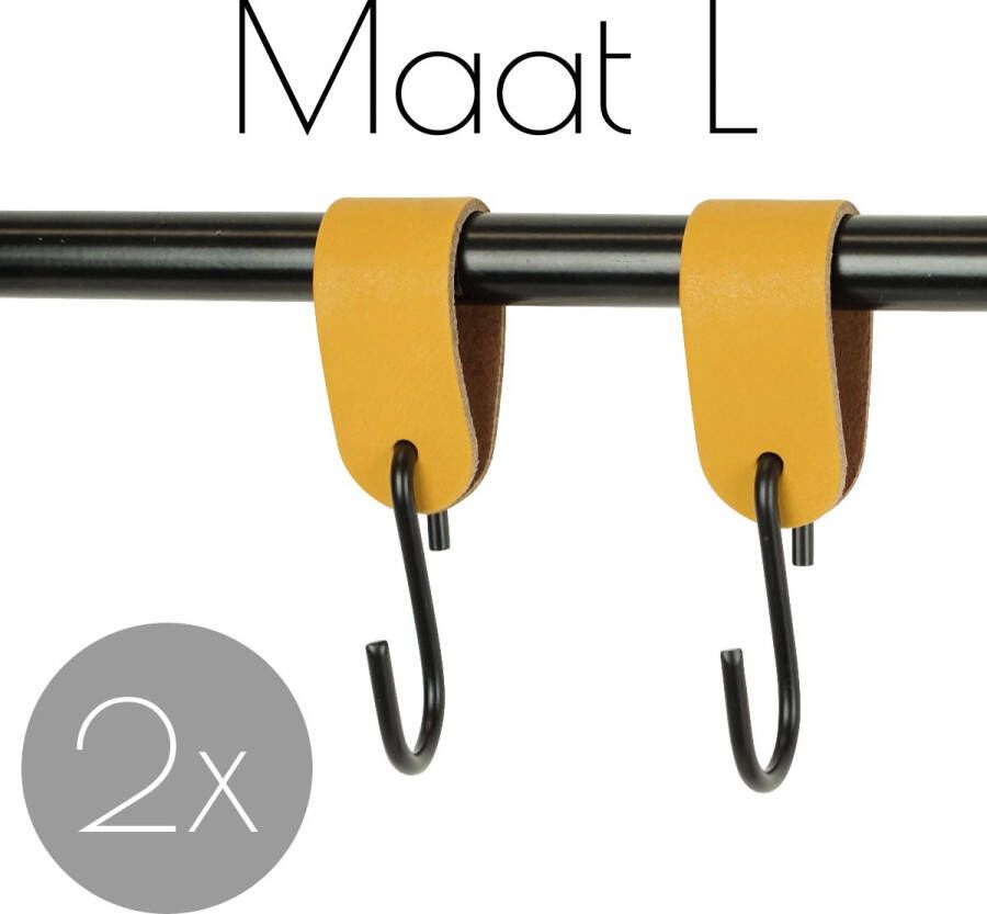Handles and more 2x Leren S-haak hangers- | OKERGEEL maat L (Leren S-haken S haken handdoekkaakje kapstokhaak ophanghaken)