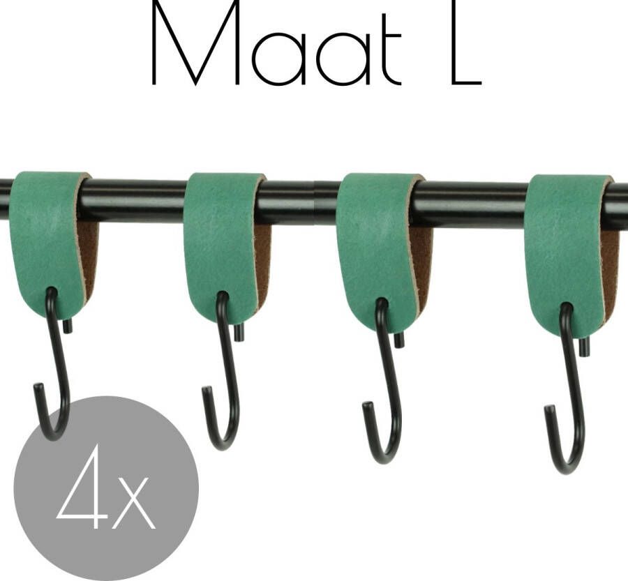 Handles and more 4x Leren S-haak hangers | ZEEGROEN maat L (Leren S-haken S haken handdoekkaakje kapstokhaak ophanghaken)