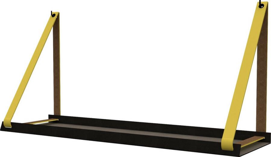 Handles and more Stalen wandplank zwart 70cm + leren plankdragers Geel