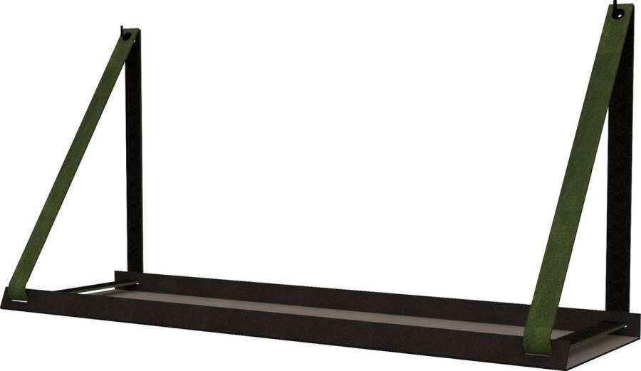 Handles and more Stalen wandplank zwart 70cm + leren plankdragers Khaki