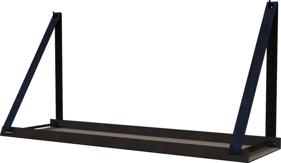 Handles and more Stalen wandplank zwart 70cm + leren plankdragers | Navy