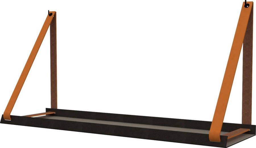 Handles and more Stalen wandplank zwart 70cm + leren plankdragers Oranje
