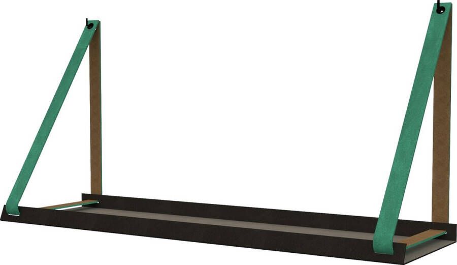 Handles and more Stalen wandplank zwart 70cm + leren plankdragers Zeegroen