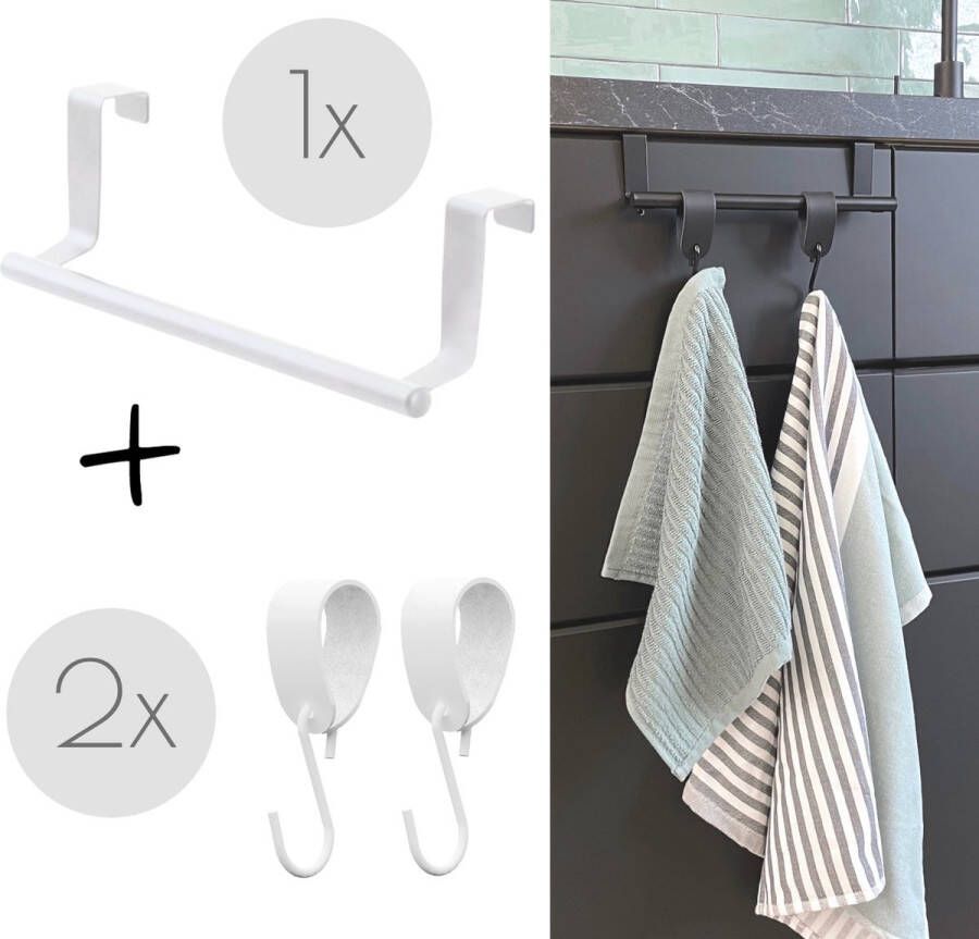 Handles and more Witte keuken handdoekstang VALI 23cm + 2x Witte leren S-haak hangers Voor 2 handdoekjes (handdoekrek keukenkast deurhaken handdoekhouder handdoekstang deurhaak keuken)