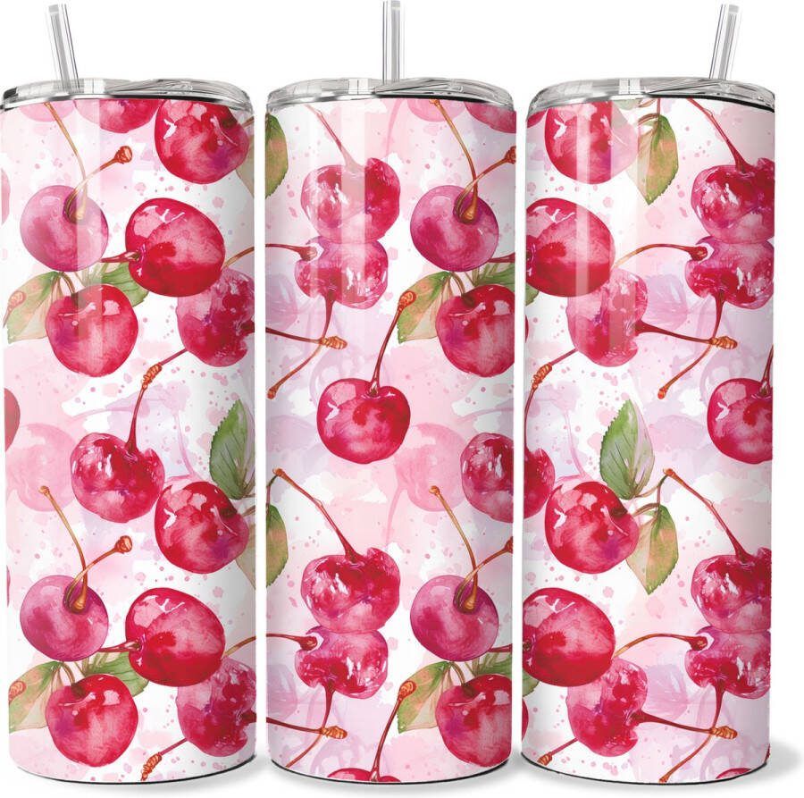 Handmade KadoDash Isolatiebeker Drinkbeker Rietjesbeker Thermosfles Thermosbeker Tumbler kersen cherry