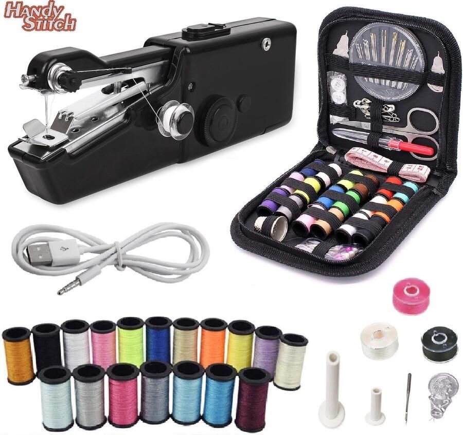 Handy Switch Handy Stitch PREMIUM Handnaaimachine met USB Kabel en 79 Delige Starterskit Draagbare reis naaimachine Elektrisch of op Batterijen