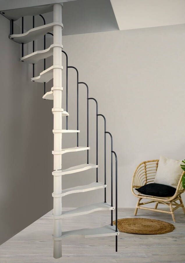 HandyStairs ruimtebesparende spiltrap Alpha140 299 cm hoog Trapgat 145x75 cm 12 grenen treden. Complete bouwpakket trap met schroeven en handleiding. (zoldertrap) (wenteltrap) (ruimtebesparende trap)