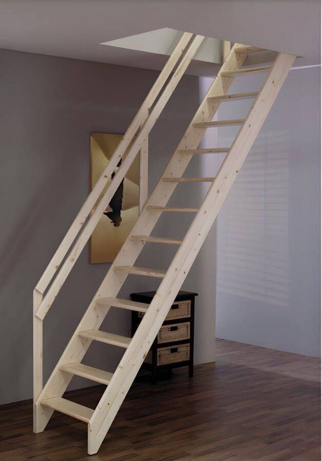 HandyStairs molenaarstrap Tudor inclusief leuning 63 cm breed 280 cm hoog 13 grenen treden (Steektrap) (Ruimtebesparende trap) (Zoldertrap)