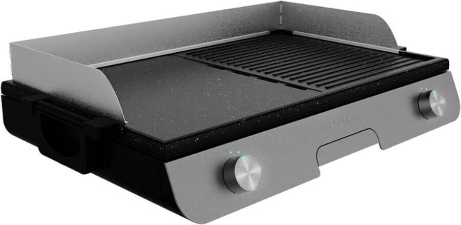 Handyworld Elektrische Tafelgrill 3000 W Gemengd Kookoppervlak Rockstone-Antiaanbaklaag Regelbare Thermostaat Vetopvangbak Zilver