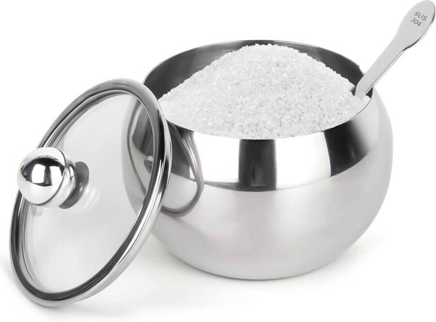 Hanmir Roestvrijstalen suikerpot met doorzichtig deksel en suikerlepel 8oz suikercontainer voor thuis en keuken