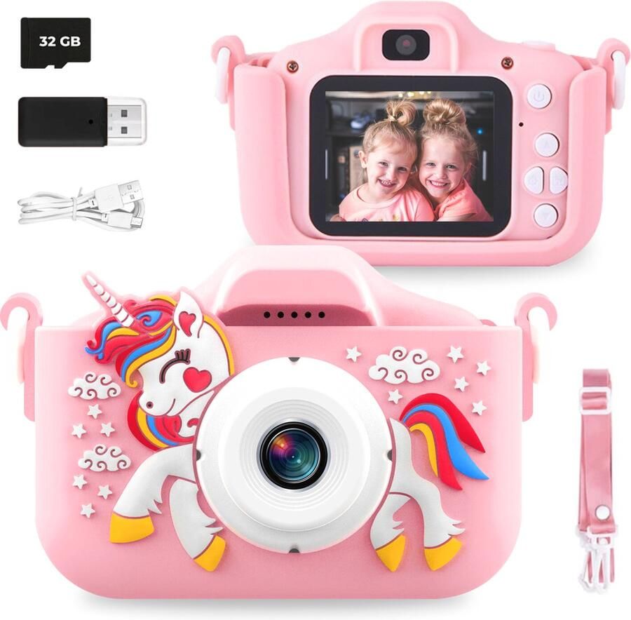 Happy Child Digitale Kindercamera HD 1080p inclusief Stickervel 32GB micro sd kaart – Fototoestel Voor Kinderen – Nederlandstalig – Unicorn Roze
