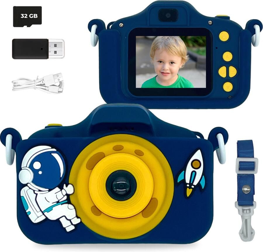 Happy Child Digitale Kindercamera HD 1080p inclusief Stickervel 32GB micro sd kaart – Fototoestel Voor Kinderen – Nederlandstalig – Astronaut Blauw
