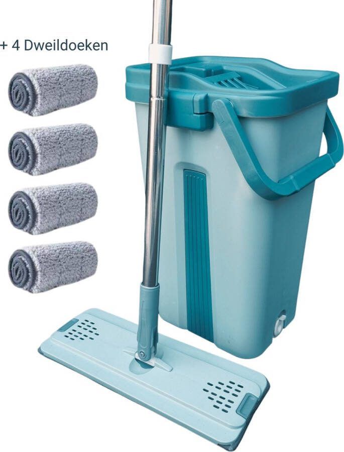 Happy Comfortable Home HCH Dweilsysteem Set Vloerwisser met een Emmer met Wringer Incl RVS Verstelbaar Dweilstok en 4x Dweildoeken Vloerwissers voor Harde Vloeren Dweil Set voor Makkelijk Vloerreiniging Handige Mop met een Emmer met 2 Zijden voor Nat & Droog