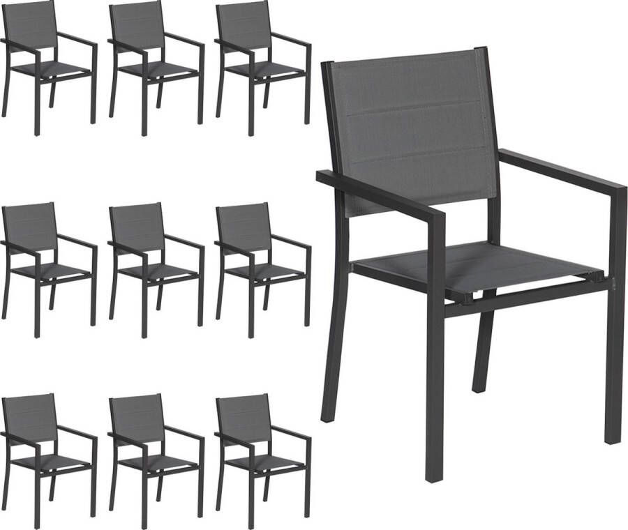 HAPPY GARDEN Set Van 10 Antraciet Aluminium Gestoffeerde Stoelen Grijs Textilene