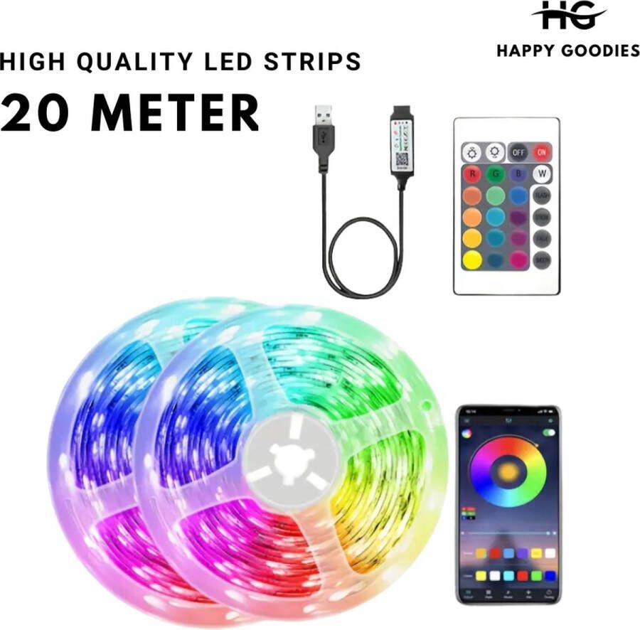 Happy Goodies LED strip 20 meter Met app en afstandsbediening SMART RGBIC Technology Zelfklevend High Quality