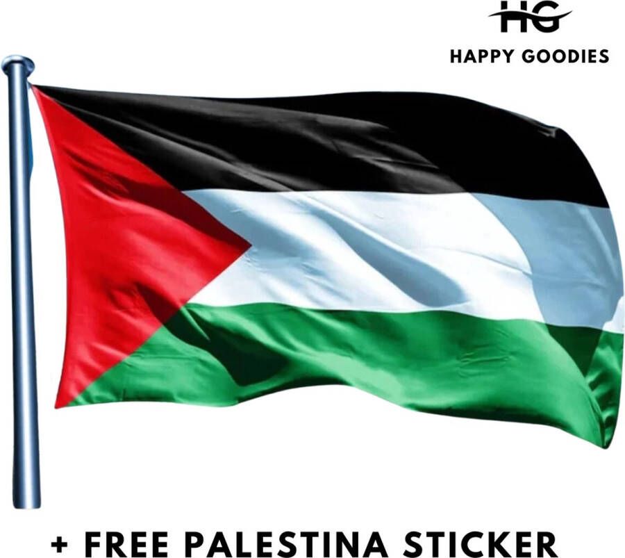 Happy Goodies Officiële Palestijnse vlag + Free Palestina Sticker Palestina Vlag 150 x 90 Geschikt voor buiten Hoge Kwaliteit Duurzaam Grote vlag