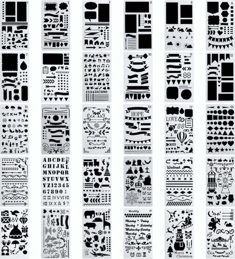 Happy Goods Happy Goods Bullet Journal Stencils en Sjablonen Handlettering Tekensjablonen Volwassenen 30 stuks Bullet Journal Accesoires Bullet Journal en Bullet Journal Sjablonen Hobby Volwassenen