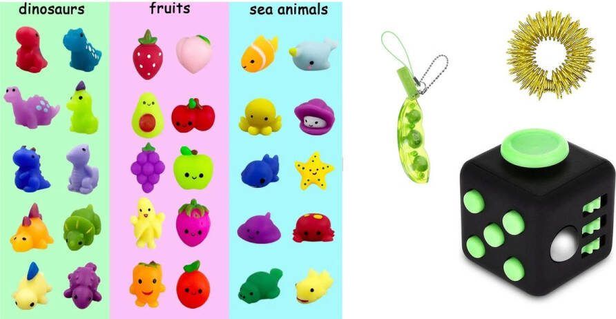 Happy shop store Mochi squishy Fidget toys Soft animal Mochies Antistress Siliconen multicolor 10 x Mochi + 1 x Fidget Cube groen zwart + 1 x Fidget Bean Boon squeezy Keychain + Sensory ring fidget Gift Pakket FeestCadeau Antistress toys keychains