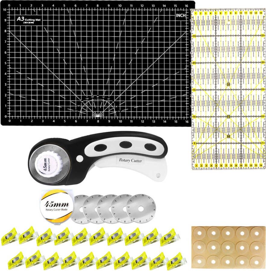 Happy tools rolmes voor stof snijmat rotary cutter hobby papier liniaal stofsnijder inclusief rolmes 45mm snijmat A3 stofklemmen en liniaal