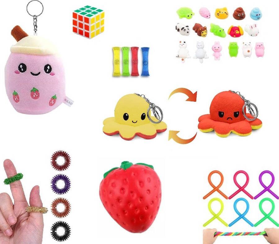 Happy trendz 12-Delig Fidget & Squishy Pakket Inclusief 2 Monkey Noodles 1 Aardbei Squishy 2 Mesh Marble 1 Fidget Sensory Ring 1 Mood Octopus Sleutelhanger 1 Bubble Tea Sleutelhanger 1 Fidget Cube Mini 3x3 3 Mochi Squishies