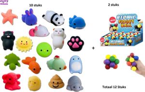 Happy trendz 2 x Atomic Ball Fidget + 10 mochies squishy toys Mochi squishy fidget toys soft animal mochies set van 12 stuks
