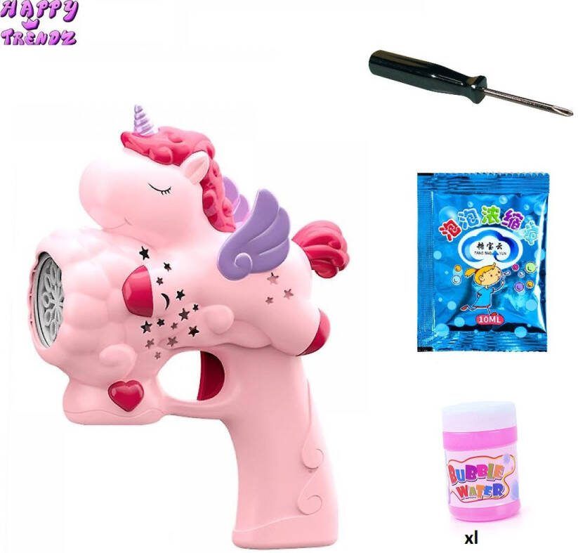 Happy trendz Bubble Maker Unicorn XL BUBBLE FLESJE ERBIJ met LED Bellenblaas pistool Bellenblazer met vloeistof Bubble gun Bellenblaasmachine voor kinderen Bellenblazer Huwelijk INCLUSIEF XL Navulling Roze Unicorn