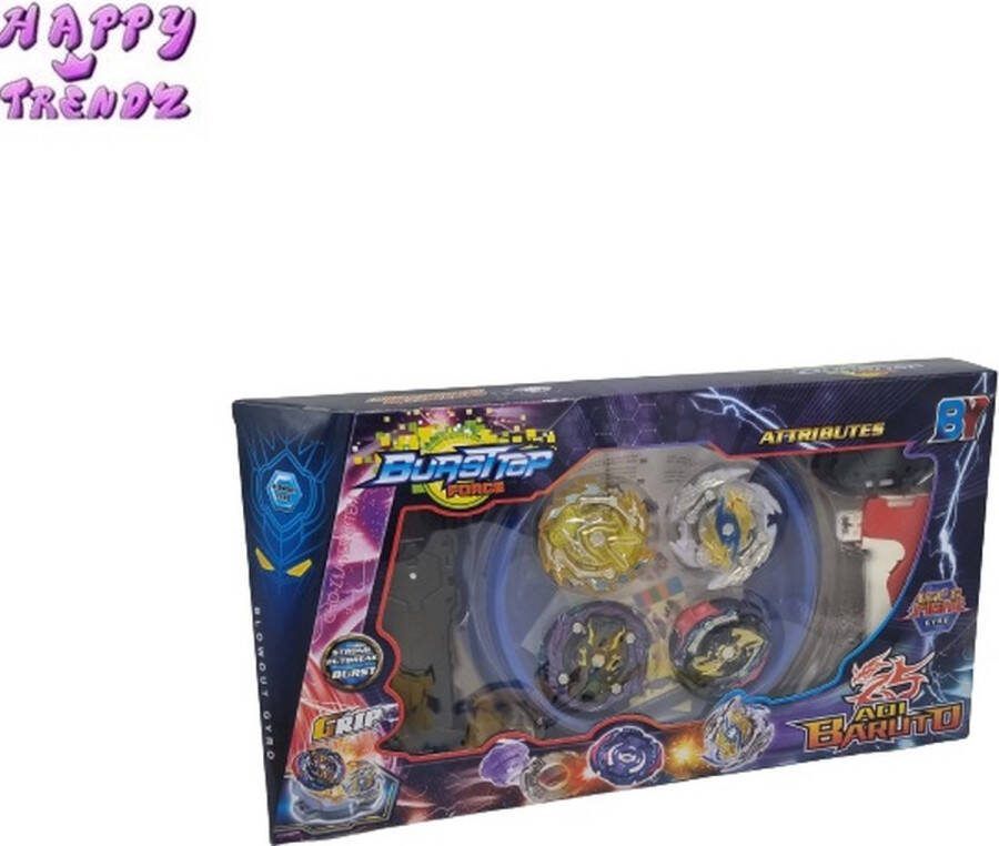 Happy trendz BurstTop Blade inclusief Arena 20 cm + 4 blades _ compleet pakket 2 shooters afschieters 2 stuks sensatie bekende tollen spintol blade 4 stuks totaal inhoud speel samen gift fan Blue edition meeneem spel