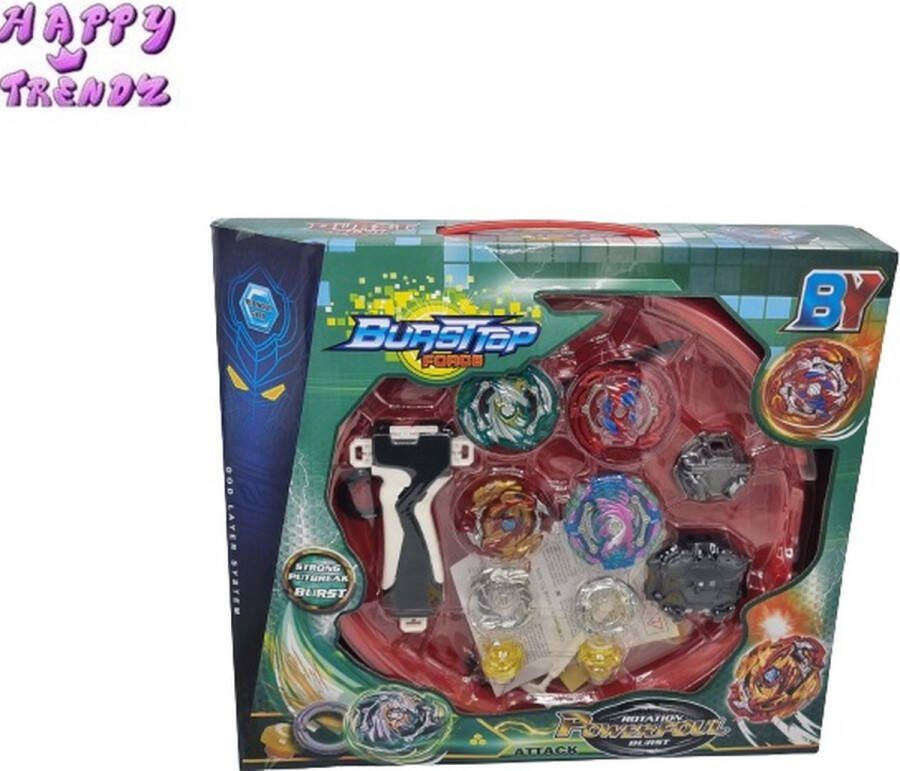 Happy trendz BurstTop Blade inclusief Arena 40 cm + 4 blades _ compleet pakket 2 shooters afschieters 2 stuks sensatie bekende tollen spintol blade 4 stuks totaal inhoud speel samen gift fan must have box green edition
