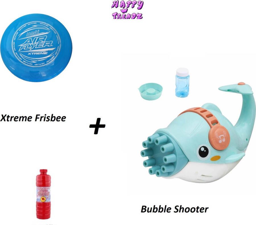 Happy trendz Dolfijn Bellenblaas Machine Frisbee 1 Liter Zeepsop Blauw Zomer Speelgoed