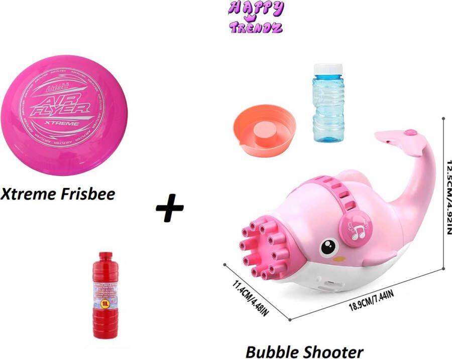 Happy trendz Dolfijn Bellenblaas Machine Frisbee 1 Liter Zeepsop Roze Zomer Speelgoed