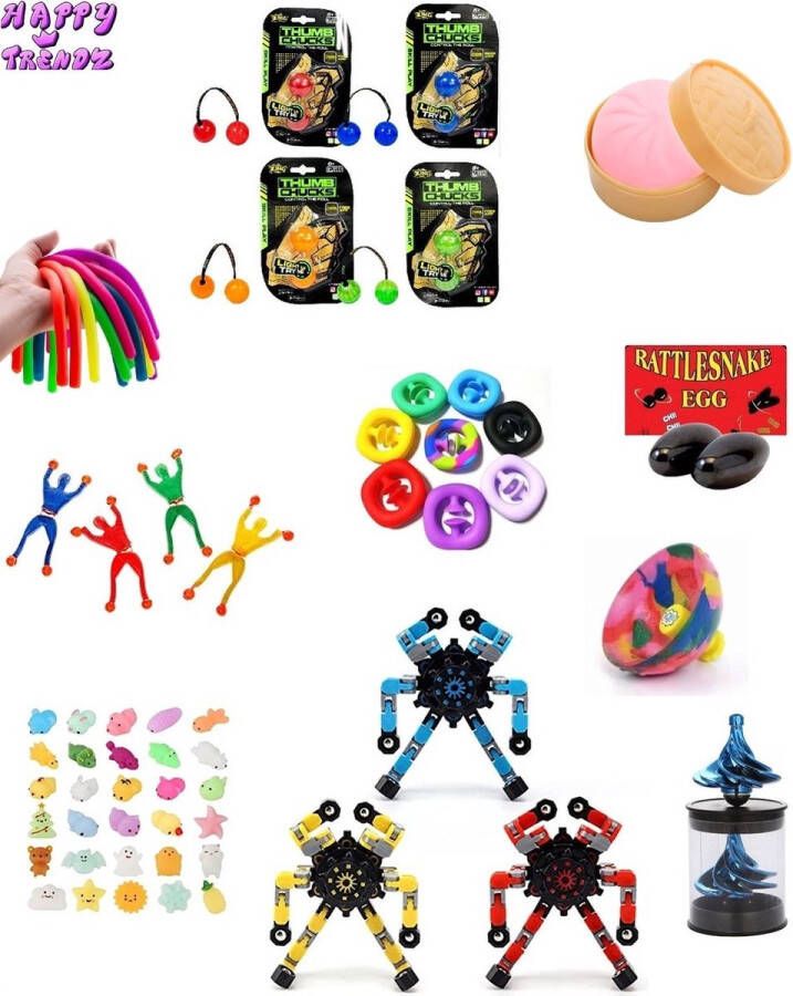 Happy trendz Fidget Pakket Fidget Toys Super pakket 14 Delig Rek Strek Schuif Knijp Snapper chucks window gyroscoop magneet monkey noodle Robot wackyfidget toys pakket Stressbal Friemel kubus Totaal 14 Fidgets