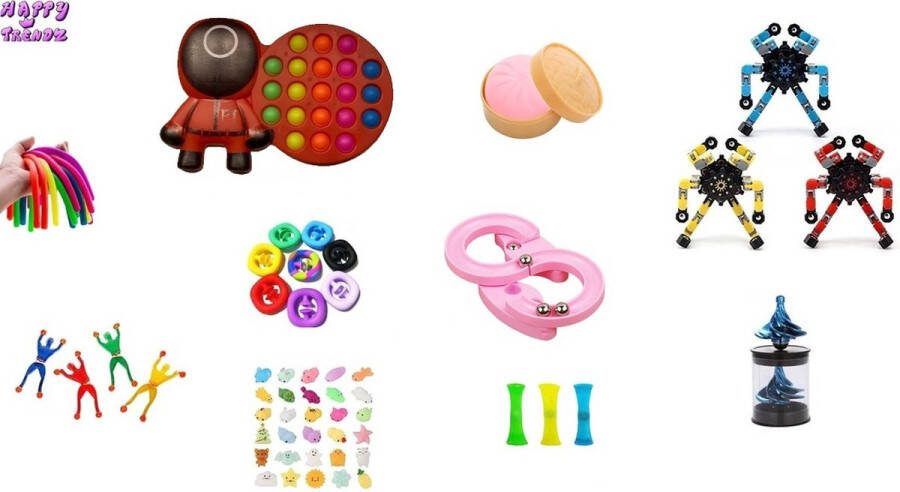 Happy trendz Fidget Pakket Fidget Toys Super pakket 14 Delig Rek Strek Schuif Knijp Snapper chucks window gyroscoop magneet monkey noodle Robot wackyfidget toys pakket Stressbal Friemel kubus Totaal 14 Fidgets