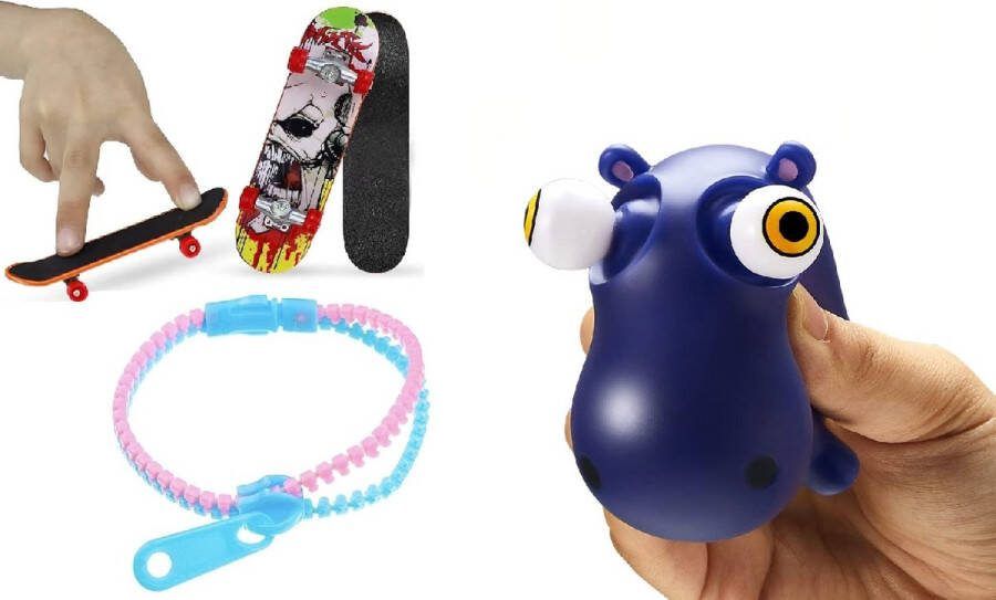 Happy trendz Fidget Pakket Inclusief 1x Fidget Rits Zipper 1x Vinger Skateboard 1x Eye Popper Squish Model (Willekeurig Dier) Geleverd in Willekeurige Kleuren