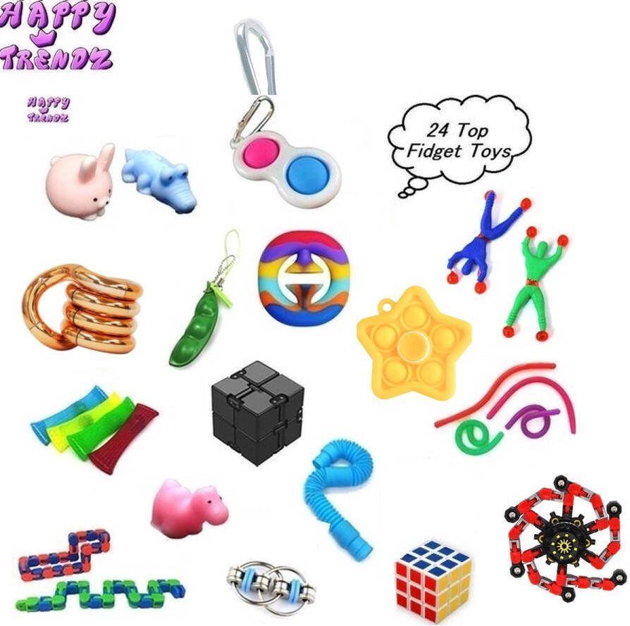 Happy trendz Fidget toys Pakket 24 Stuks Simple Dimple Stressball Squishy Fidget Cube Mochi Squishy Infinity Cube Wacky Track Spinner 2024 Monkey Noodles Fidget Toys Set Wacky Track Fidget Pad