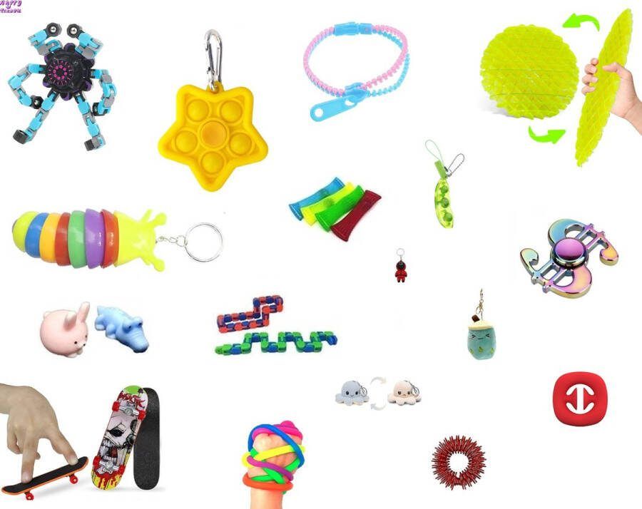 Happy trendz fidget toys pakket 26 Toys Set Fidget Cube Fidget Pop It mesh marble Noodle Squishy Bean Boon Alle toppers in 1 Set!