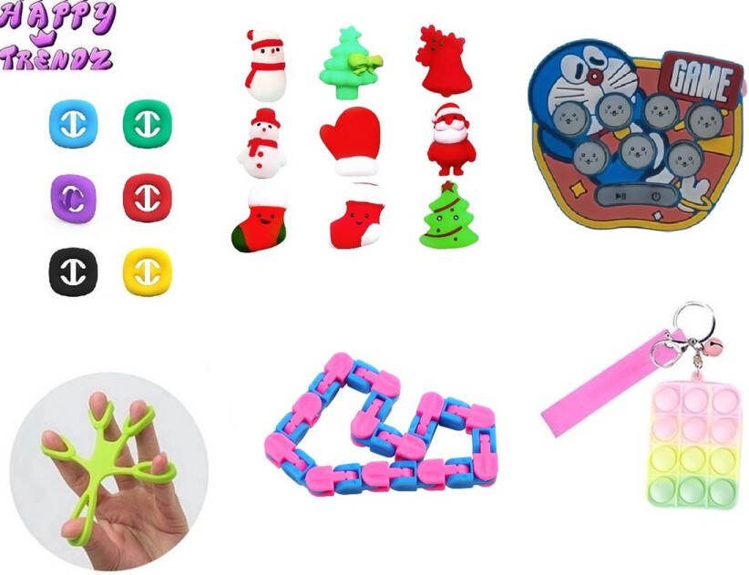 Happy trendz Fidget Toys Pakket 6 Stuks XL TOPPERS Mochi Squishy Spinner Robot Fidget Snapper Pop It Tasje FingerStretch Wacky Track Stress Relief Toys