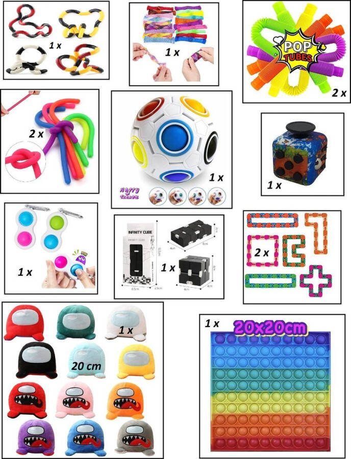 Happy trendz Fidget Toys Pakket Set met 14 verschillende Fidget Toys: Wacky Tracks XL RAINBOW Pop It Amongus pluche 20 cm Simple Dimple Fidget Cube Monkey Noodles Friemelketting Pop tubes