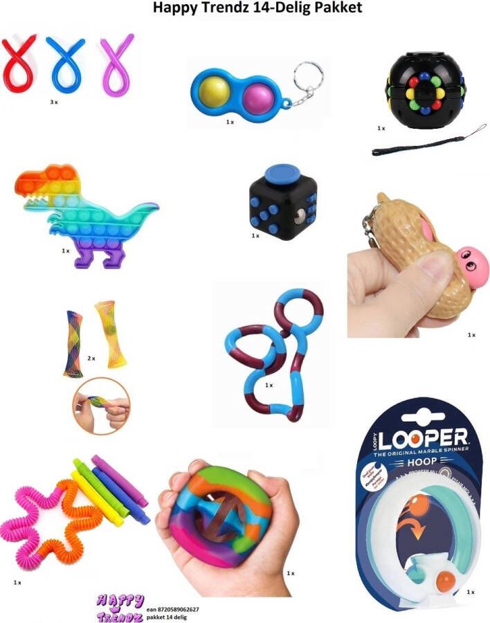 Happy trendz Fidget Toys Pakket Set met 14 verschillende top Fidget Toys: Fidget Cube Dino Pop It Snapperz Simple Dimple Loopy Looper Monkey Noodles Mesh Marble Rits Zipper Magic Bean Board