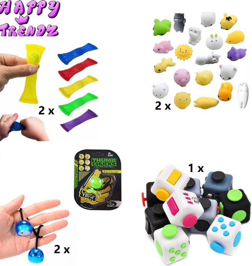 Happy trendz Fidget Toys Pakket Set met 7 verschillende Top Fidget Toys: Mesh Marble Mochi Fidget Cube Fidget Pad stress relief toys Ontspannen werk thuis onderweg